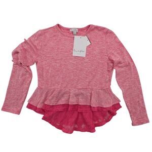 Love, Fire Long Sleeve Peplum Lace Trim Top Hi Low Ruffle